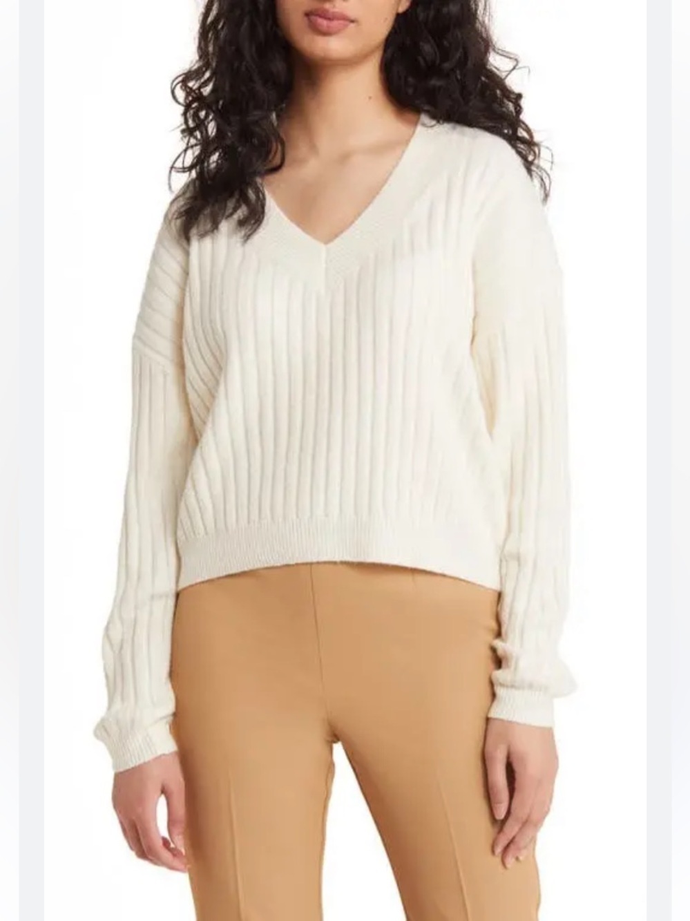 Open Edit ivory dove v neck ribbed sweater boxy oversized Medium